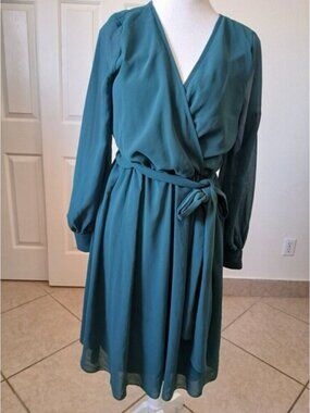Ricarica Women Dress Green Tie Waist Long Sleeve Faux Wrap Size Large Cocktail
